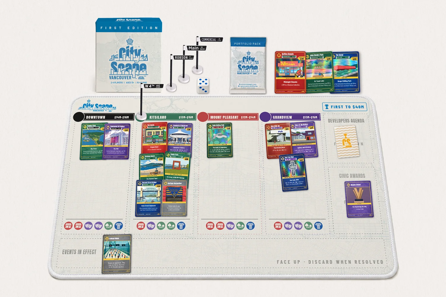 The Developer tier: CityScape Vancouver First Edition box, play mat, street signs and a Portfolio Pack of holographic cards