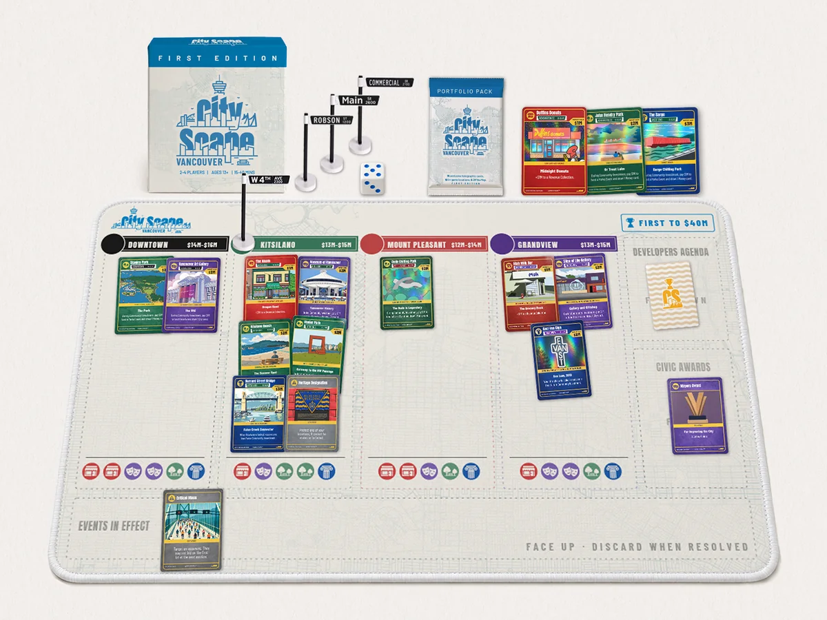 The Developer tier: the First Edition box, street signs, a Portfolio Pack and the play mat laid out with cards