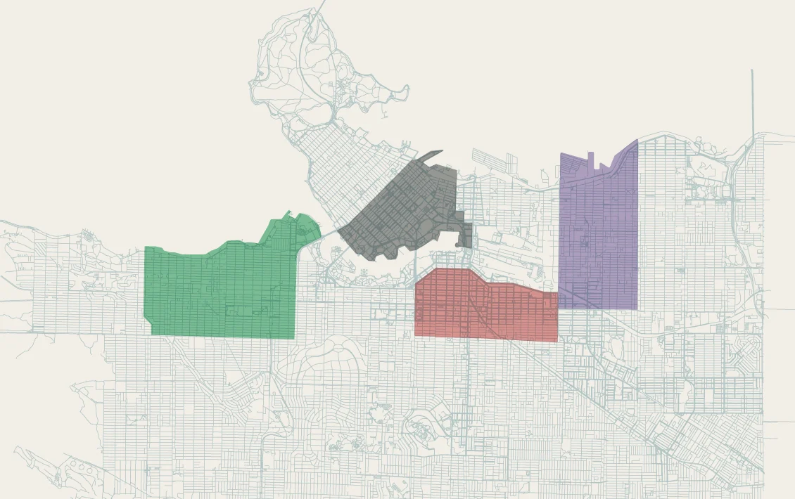 Line-drawn map of Vancouver with the four CityScape neighbourhoods tinted